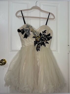 Ivory Strapless Tulle Dress with Black Floral Appliqué